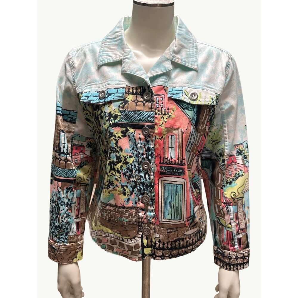 Christopher & Banks PM Stretch Jacket Colorful Town Print Button Up Front - Picture 1 of 11